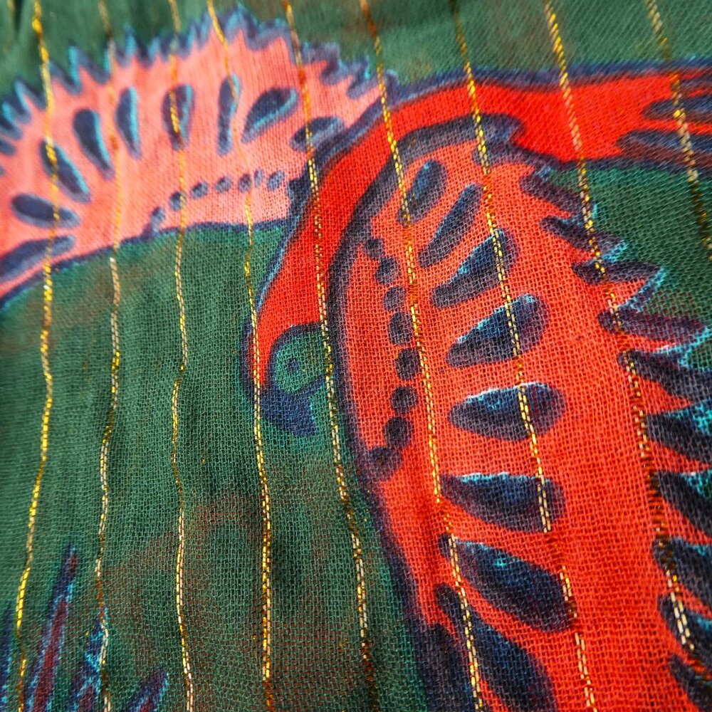 Rachel Zoe Metallic Kimono Blouse Flying Bird Print Boho Peasant Green Red Gold - Picture 6 of 9